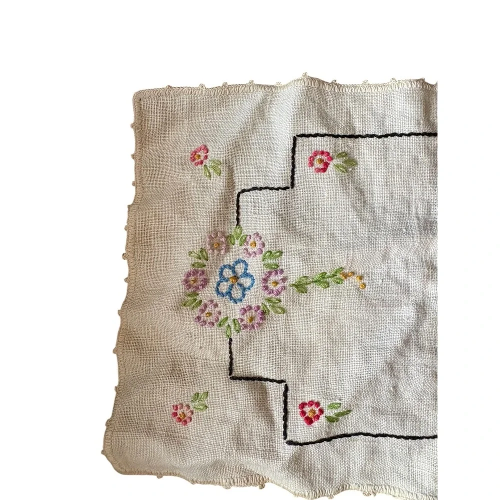 Vintage Floral Embroidered Handkerchief Linen‎ Pink Blue Flowers 10x7